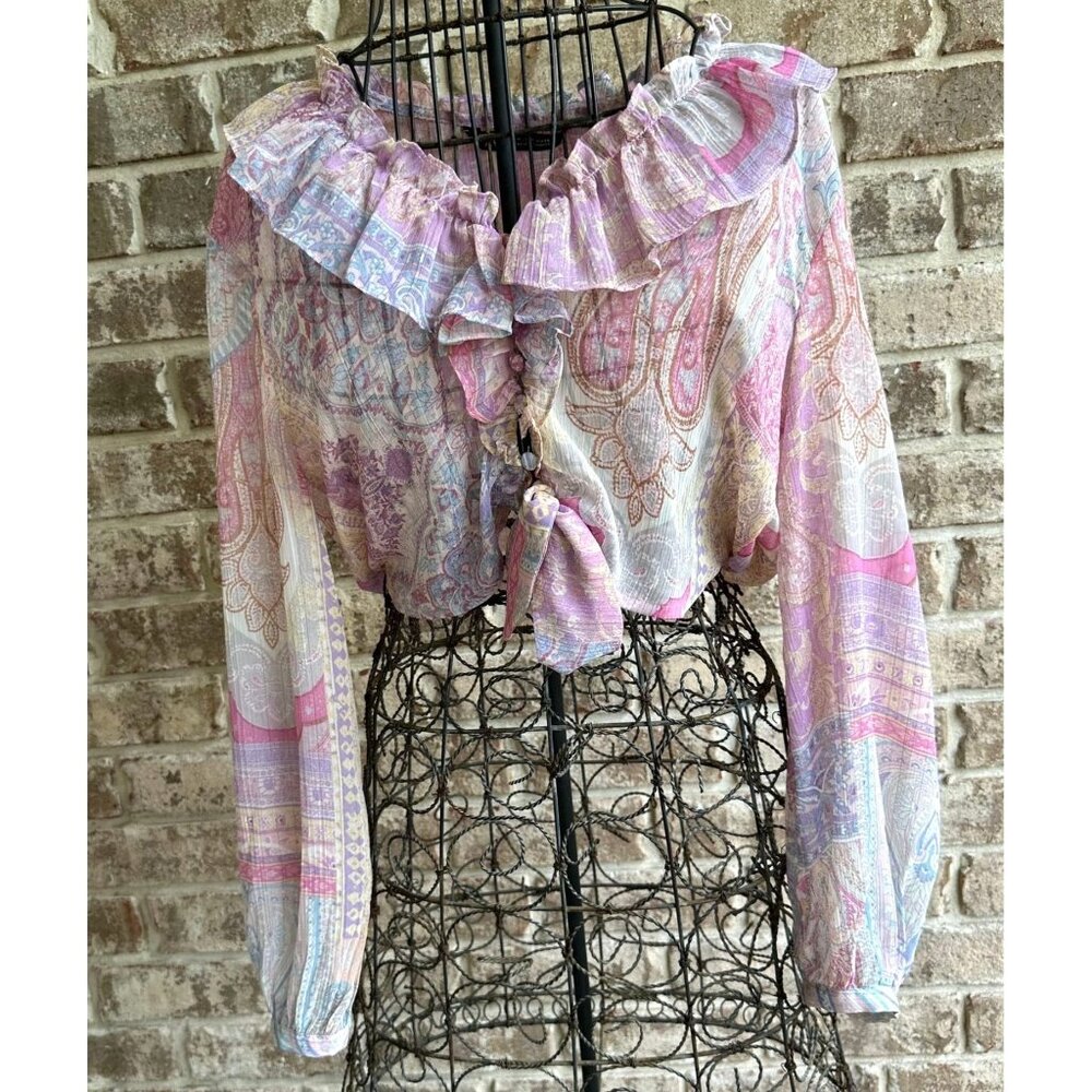 Zara Ruffled Knotted Crop Top Blouse Medium Paisley Abstract Gold Color …